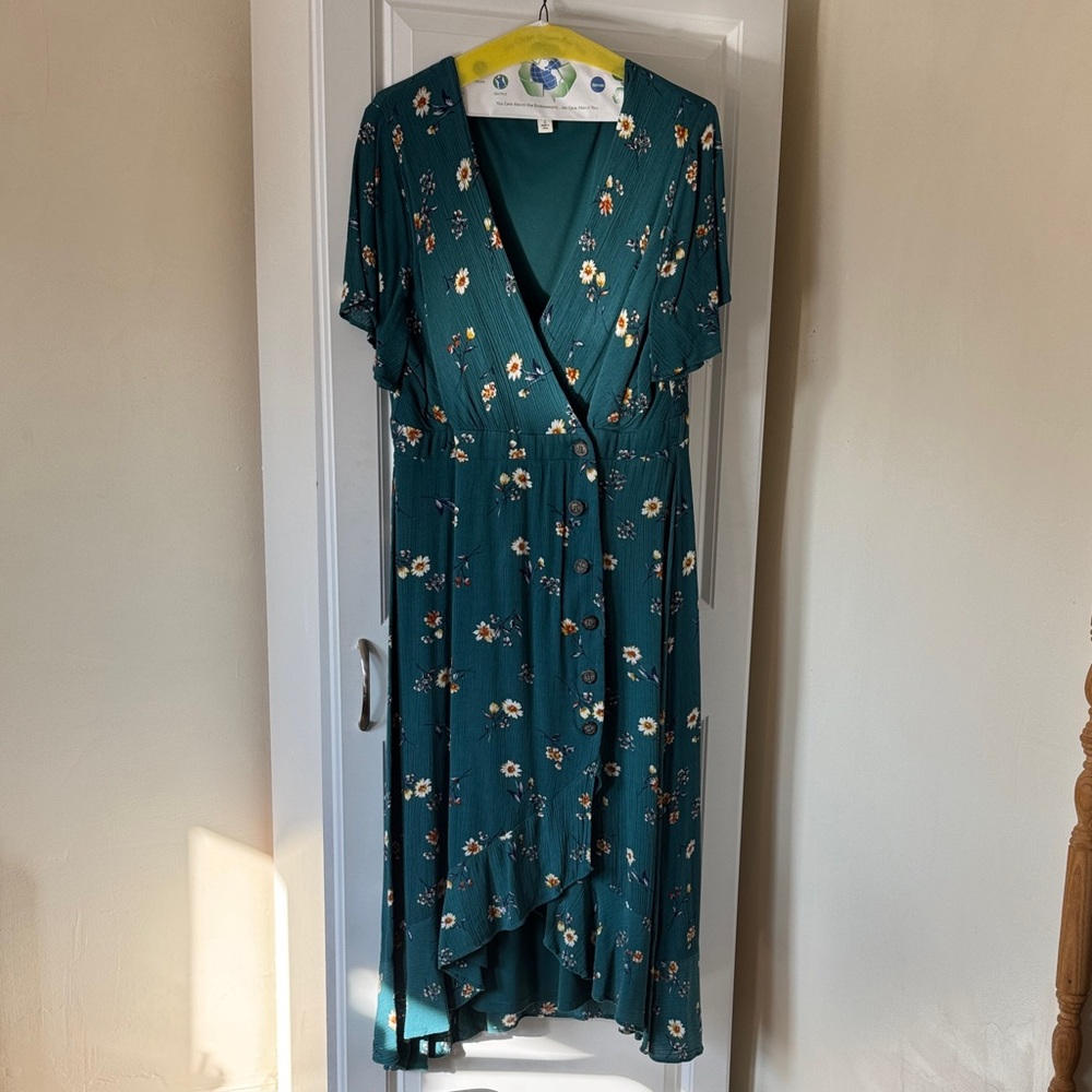 Teal Floral Wrap Button Dress